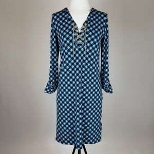 Michael Kors Blue/Black Houndstooth Chain Lace Up Shift Dress Womens XS Stretch